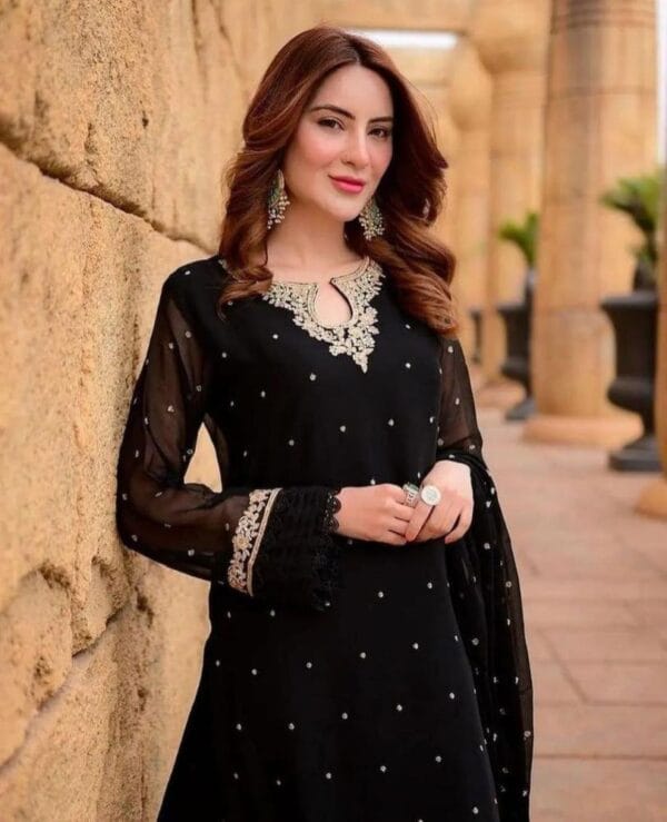 3 Pcs Women’s Stitched Chiffon Embroidered Suit - Image 3