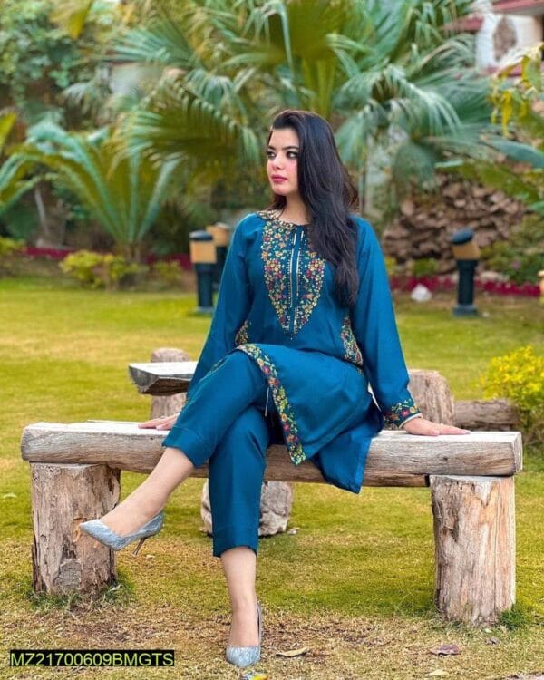 2 Pcs Women's Stitched Linen Embroidered Suit - Image 3