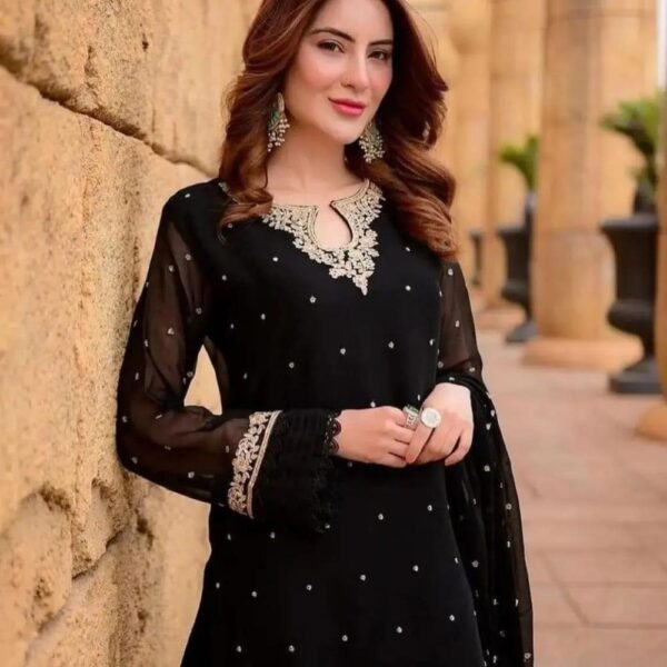 3 Pcs Women's Stitched Chiffon Embroidered Suit - Image 2