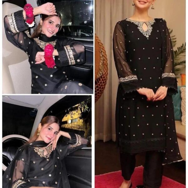 3 Pcs Women's Stitched Chiffon Embroidered Suit - Image 6